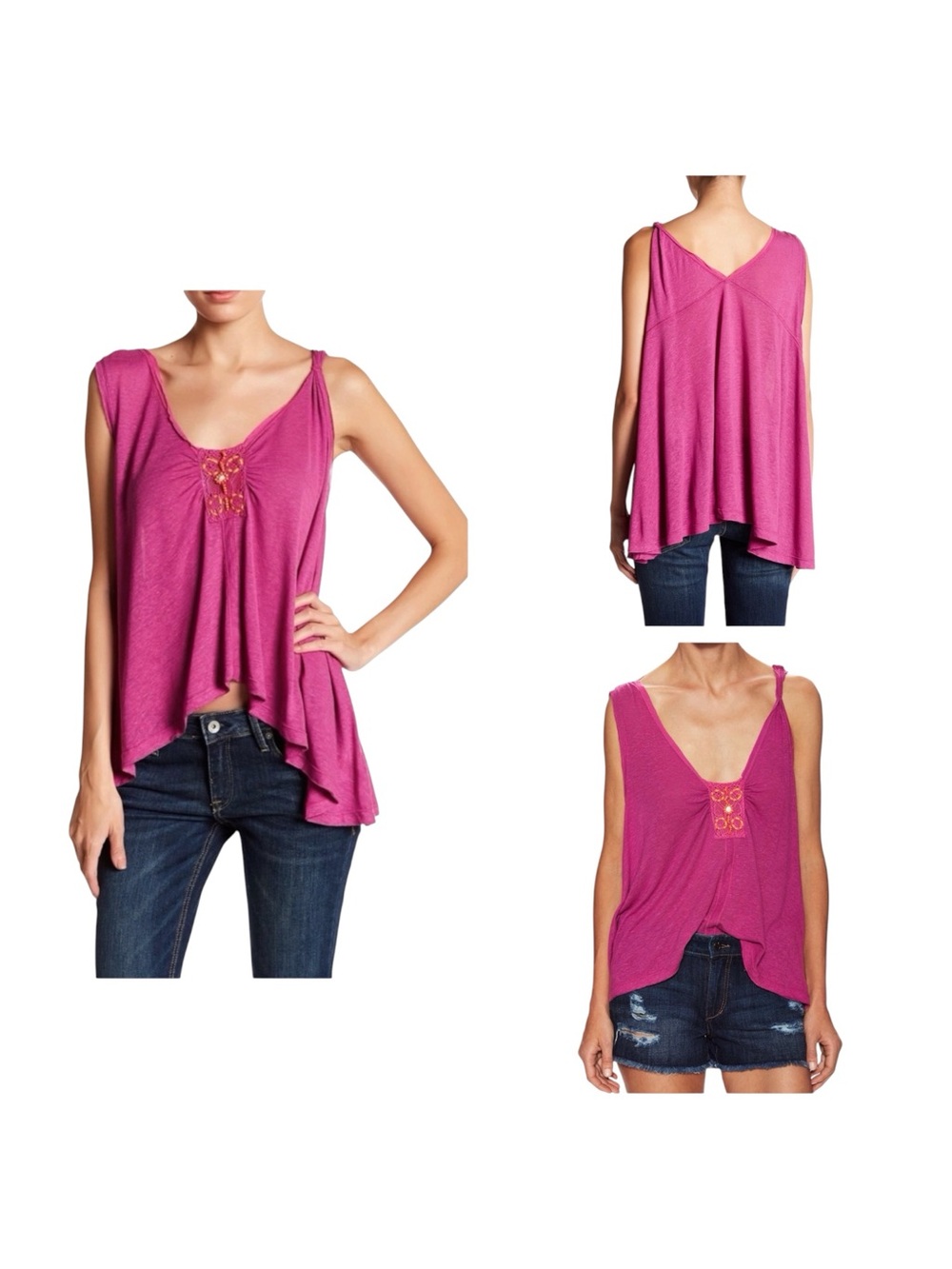 Free People New Vibes Tank Top Pink Small S Lightweight Embellished Boho NWT
